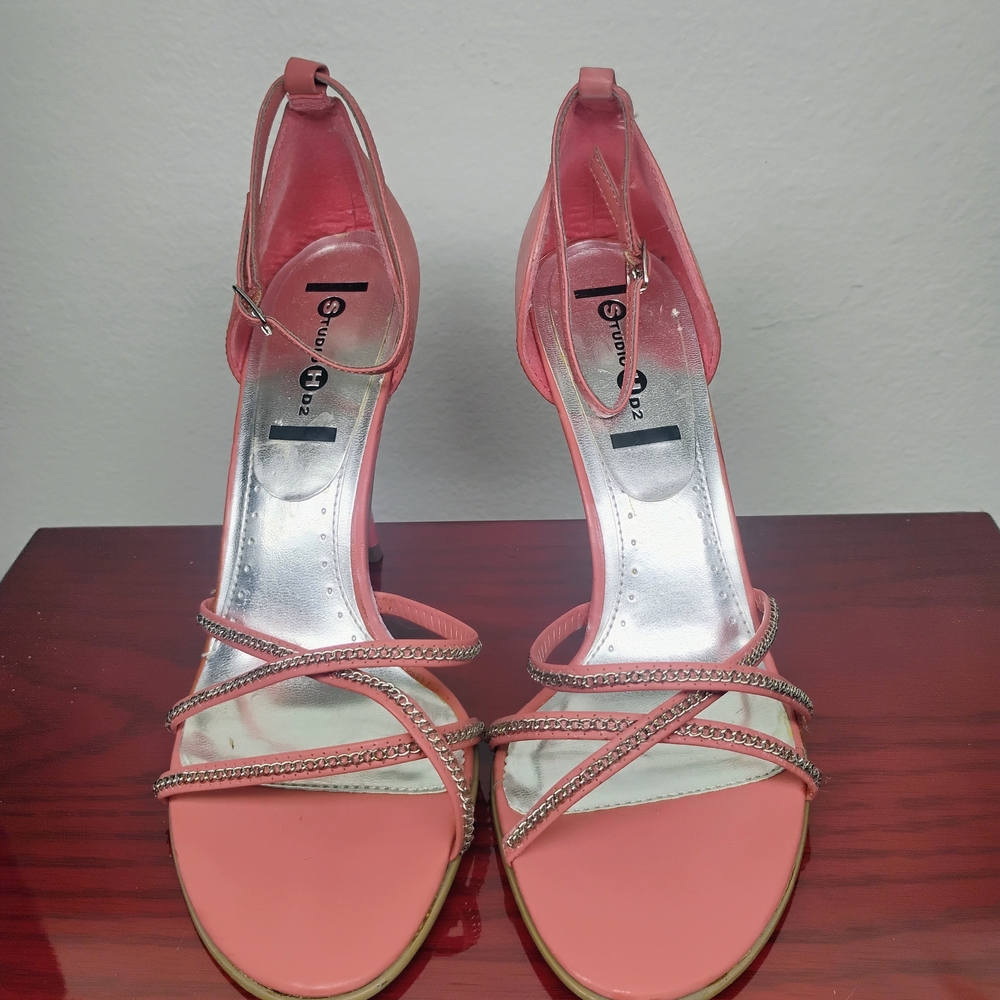 Stylish Coral Strappy Heels with Rhinestone Embellishments